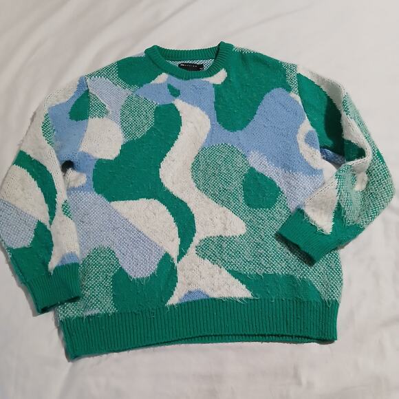 ASOS Design Oversized US 4 Camo Blue/Green/White.Crew Neck Sweater Ribbed Cuff - Picture 3 of 13